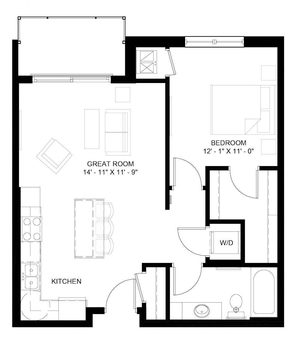 Floor plan for 1 bed, 1 bath, 732 sqft
